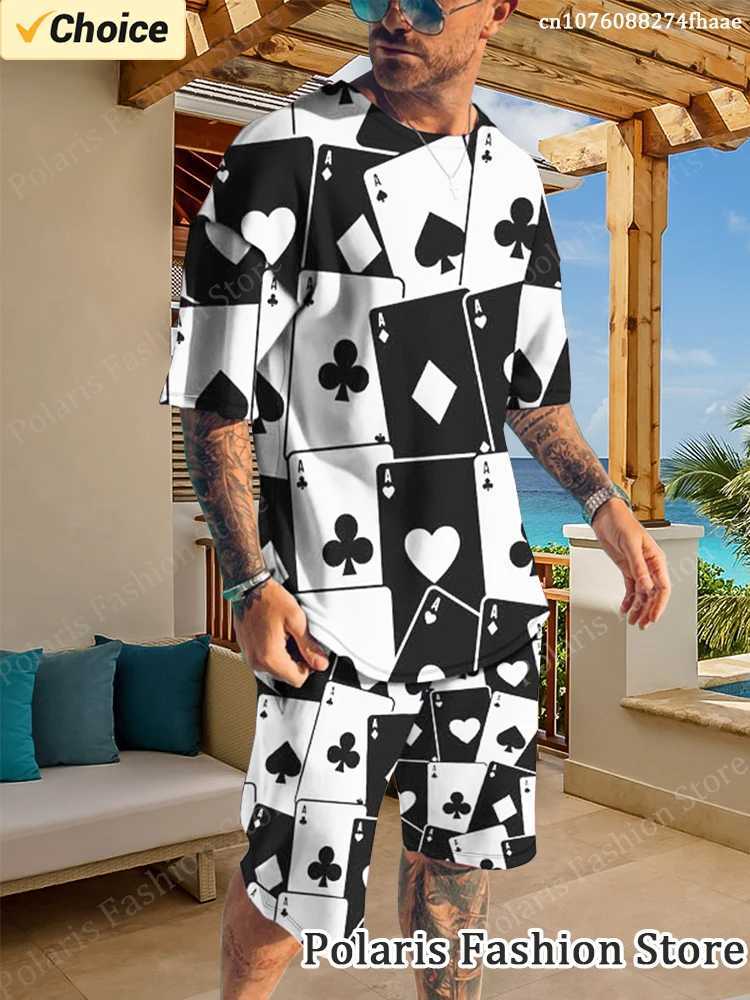 Summer black and white poker printed T-shirt set for mens beach short sleeved track and field wear casual 2-piece set for mens sportswearXJ250412