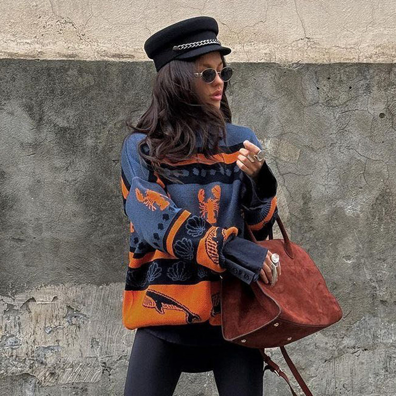 Fall outfits women Women's contrasting color pullover sweater round neck long sleeve autumn and winter casual style street style---NBL141