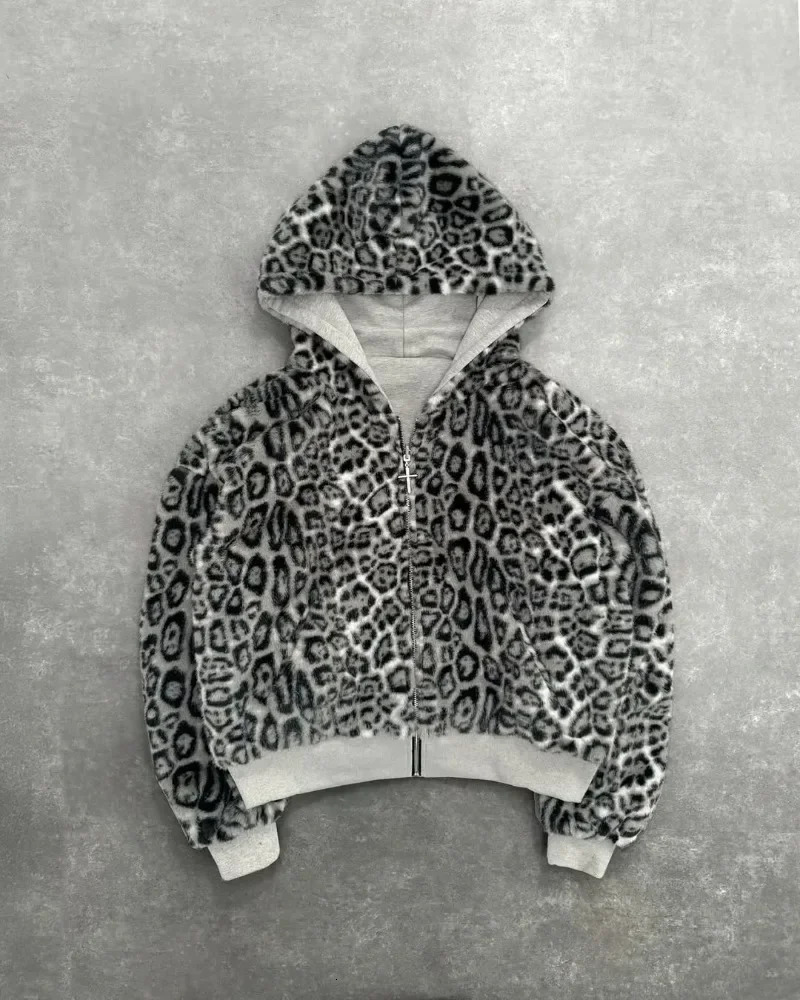 American Reversible Leopard Print Zipper Hoodie Mens and Womens Lined Jacket Y2K Casual Fashion Warm Sweatshirt 251111 - view 4