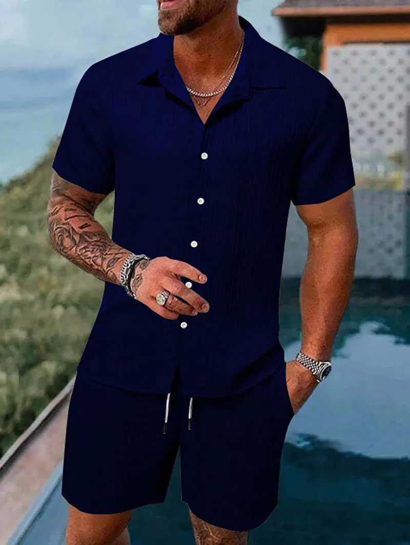 Spring and summer new mens sports polo casual solid color loose short sleeved drawstring shorts cardigan striped sportswearXJ250412