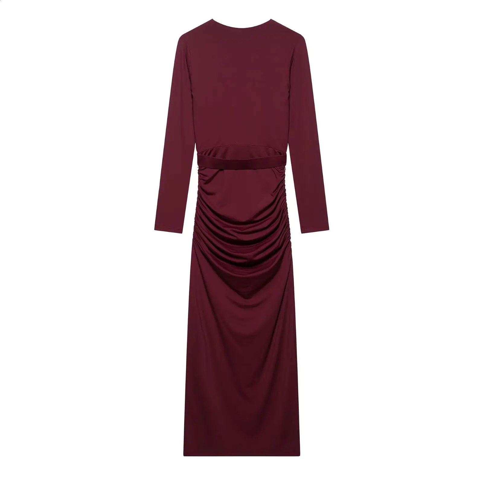 European and American Style Inlaid Belt Deep Vneck Warm Slim Long Sleeve Dress 250411