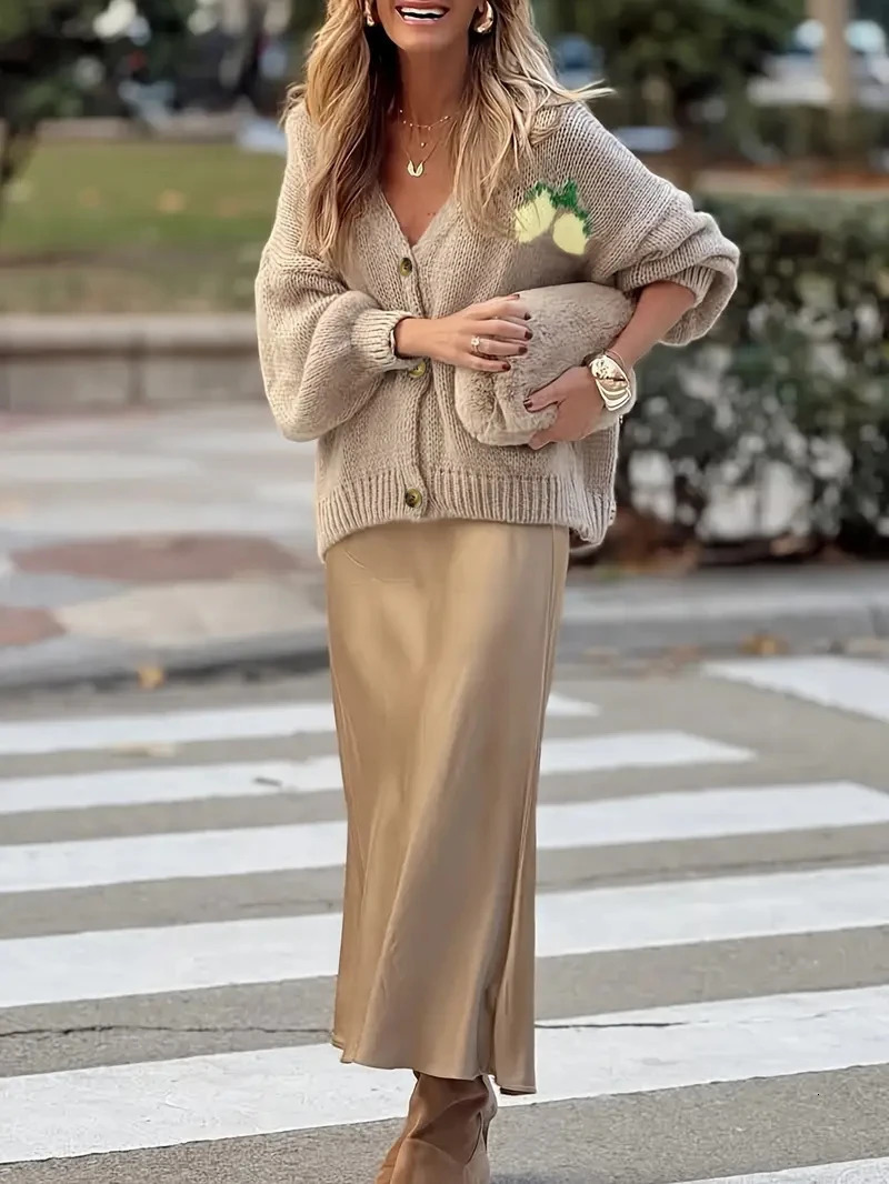 Womens fashionable casual long sleeved button sweater cardigan soft and comfortable loose lantern sleeve lemon knit sweater 251111