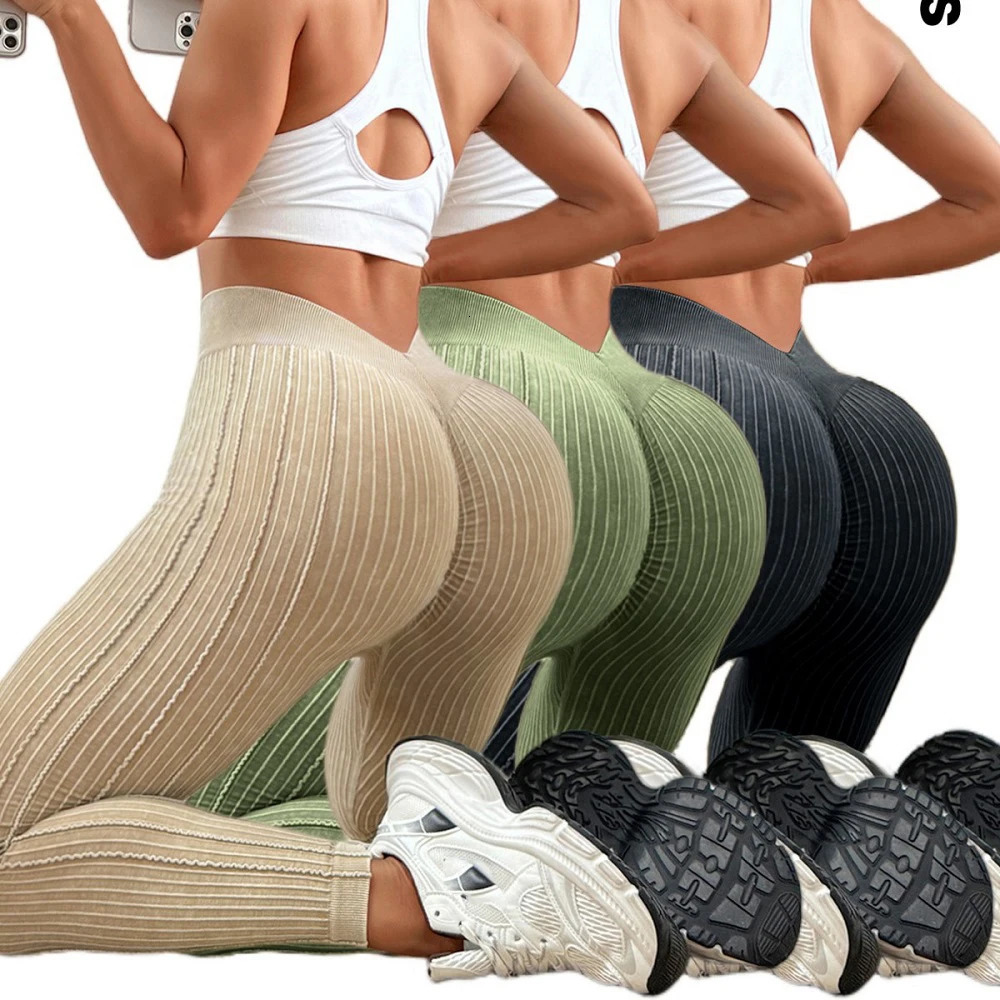 Women Seamless Gym High Waist Yoga Leggings Booty Lifting Outdoor Sports Tight Solid Striped Fitness Pants Exercise Yoga Pants 251112