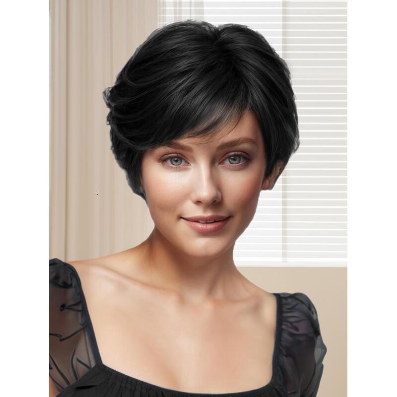 8 inch Straight Short Bob Hair Flat Bangs Cute Central Dot Skin Top Heat Resistant Synthetic Wigs (Natural Black)