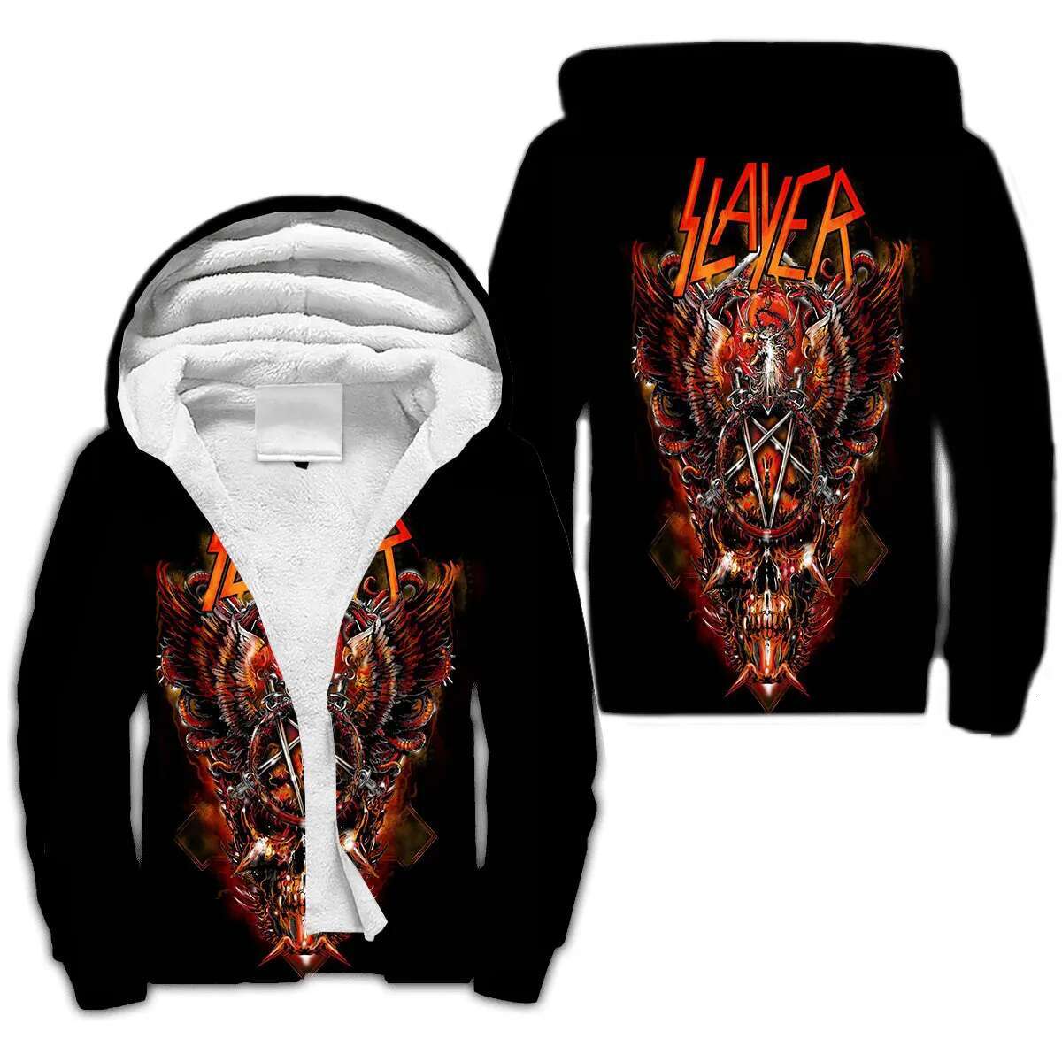 SLAYER Rock 3D Printed Winter Thicker Hoodies Zip Up Sweatshirt Unisex Casual Hooded Coat Tracksuit Warm Fleece Jacket