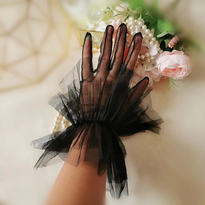 Short Sheer Tulle Gloves Wedding Bride Dress Gloves Fashion White Black Dot Transparent Mitten Wrist Length Bridal Gloves Women 250408
