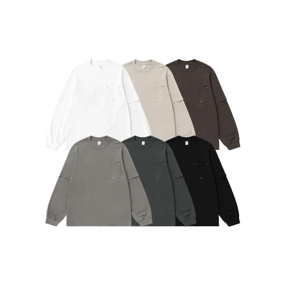 Fake Two-Piece Long-Sleeve Tees For Unisex Minimalist Oversized Tshirts With Pocket