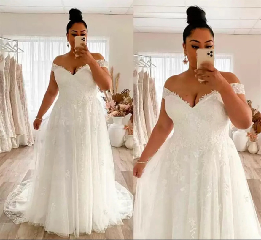 2025 Plus Size Wedding Dress A Line Off The Shoulder Lace Big Bridal Gowns Appliques Zip Back Gorgeous Lady Marriage Dresses White Ivory