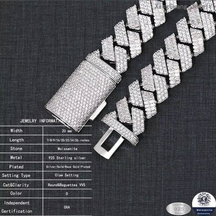 Luxury Hip Hop Chain 20mm Wide Silver Necklace VVS Moissanite Baguette Moissanite Diamond Cuban Link Chain