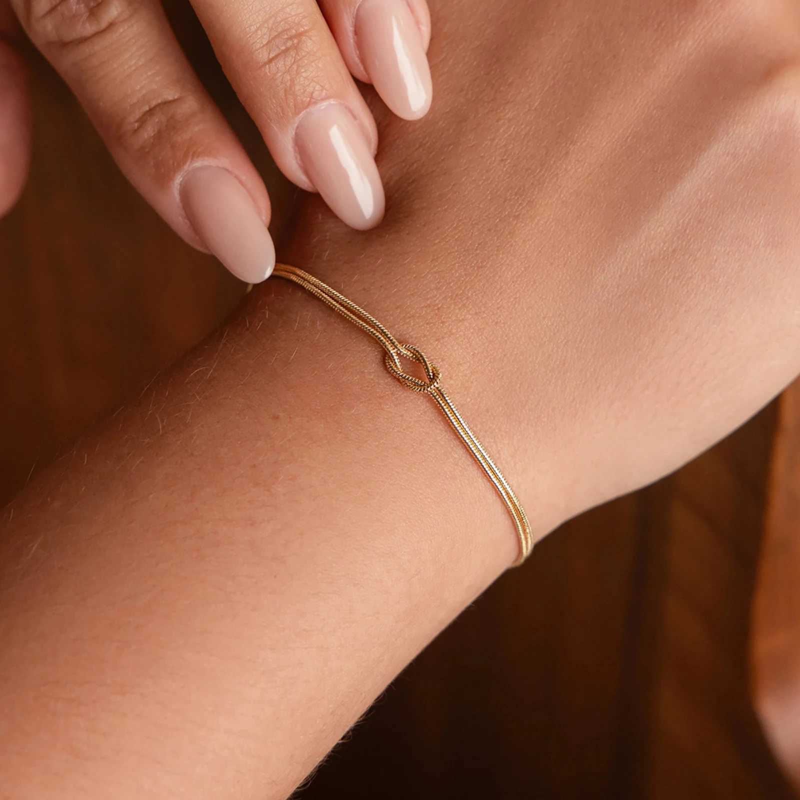 Skyrim Double Snake Chain Love Knot Bracelet Stainless Steel Gold Color Adjustable Bracelets Women Men Couple Minimalist JewelryC250411