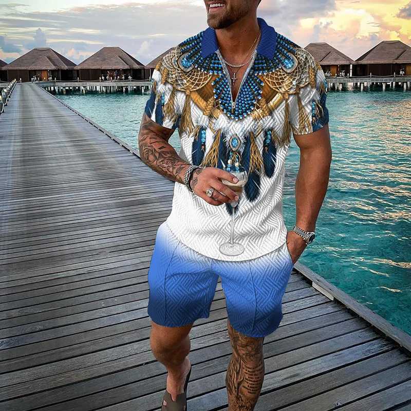 Zipper polo shirt 2-piece set for holidays and summer new mens 3D printed beach style casual clothing oversized and high-qualityXJ250412
