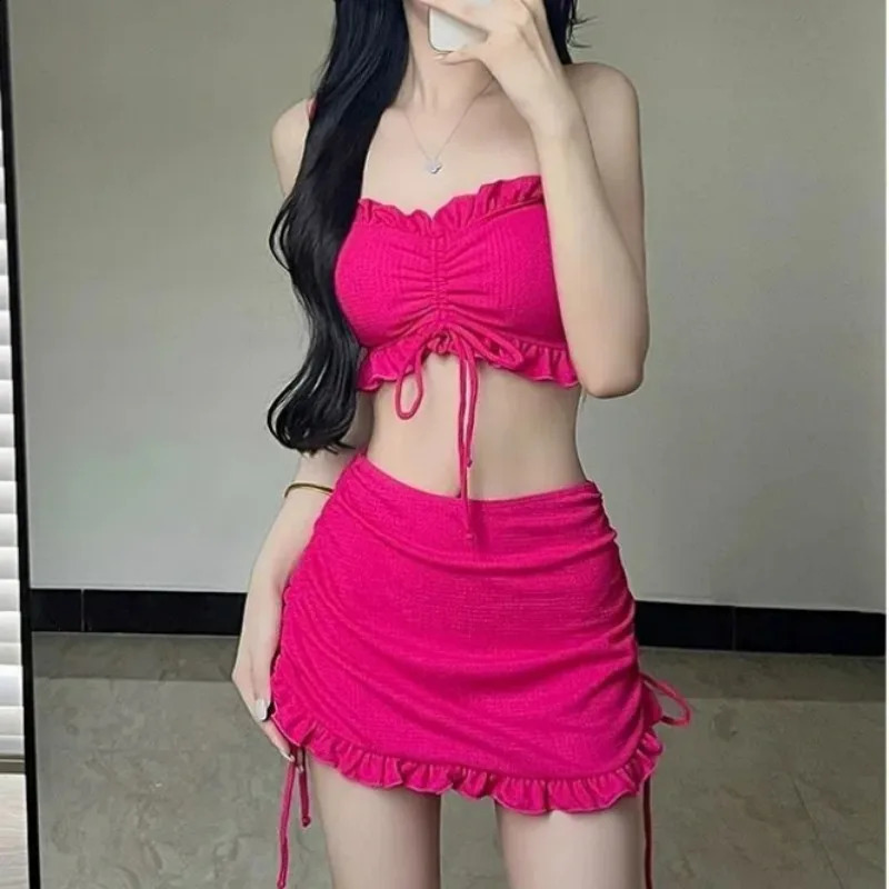 Women Sexy Spaghetti Ruffle Drawstring Swimsuit 3 Piece Bikini Set Solid Vacation Beach Bathing Suit Fairy Sweet Swimwear Skirt 250411
