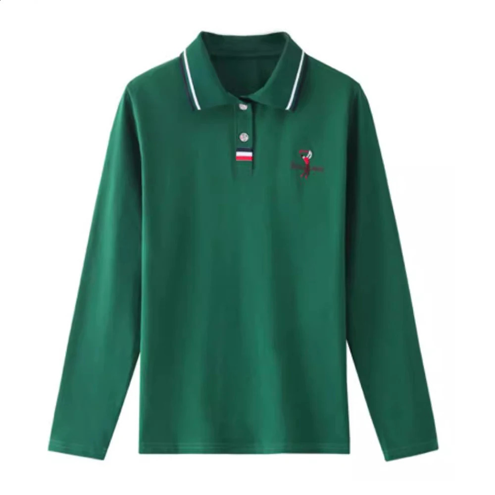 European Station Polo Neck Long sleeved T-shirt Womens Summer High end Pure Cotton Loose Fashion Casual Large Top 250411