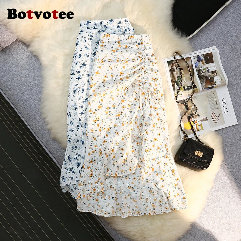 Botvotee Trumpet Chiffon Floral Print Skirts for Women High Waisted Elegant Side Split Ruffles Long Skirt Office Midi Skort 250407