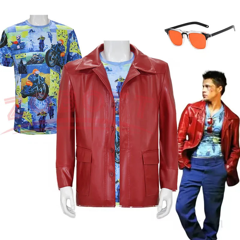 Adults Fight Club Tyler Jacket Cosplay Costume Movie Durden Leather Coat with Shirt Glasses Halloween Carnival Party Suit Man251111