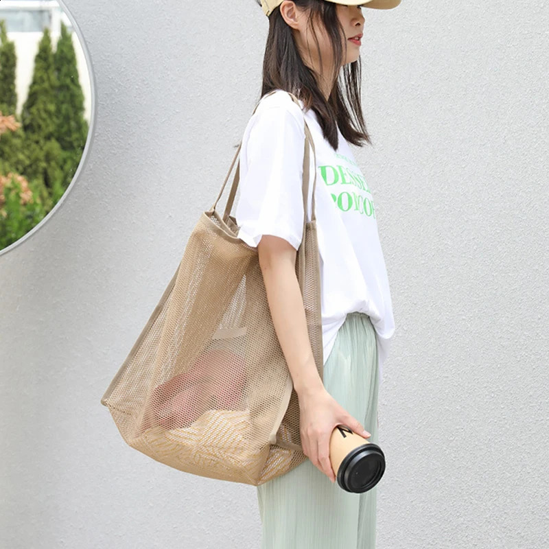 Summer Mesh Bag Hollow Out Large Capacity Shoulder Bags For Women Travel Beach Bag Student Bookbag Shopping Back 250407