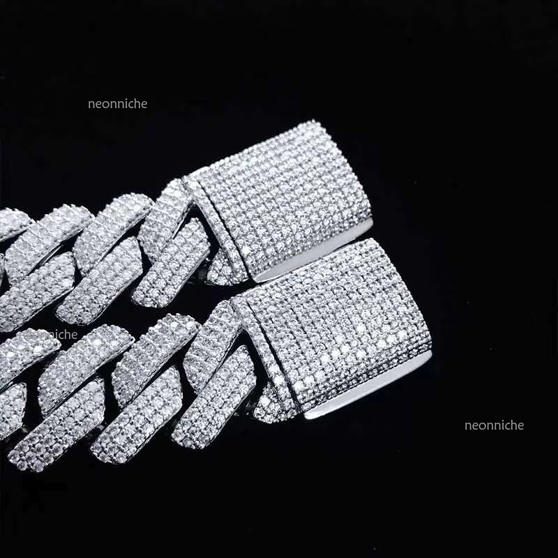 Qian Jian Gems Sier Custom 15mm Prong Moissanite Miami Cuban k Chain Passes Dia Test VVS Hip Hop Style Necklace