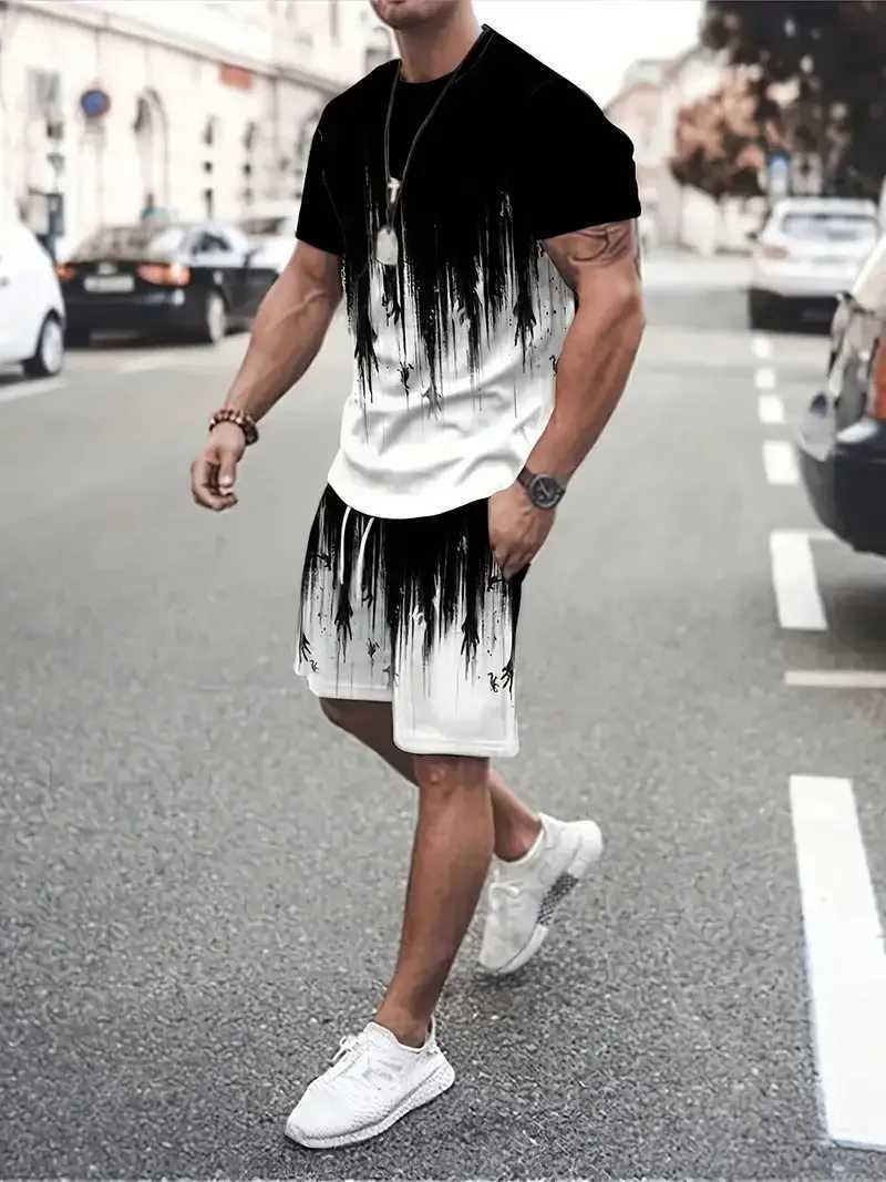 Fashion tie dye pattern mens two-piece summer 3D printed short sleeved T-shirt and short street trend mens set 6XL largeXJ250412