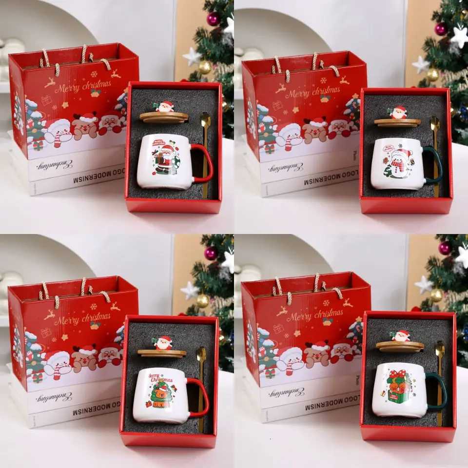Christmas New Merry Christmas Gifts Kit Wooden Lid Santa Claus Pattern Coffee Cup Spoon Sets Warm 55 Snowman Teaspoon for Office Home Use Y251112