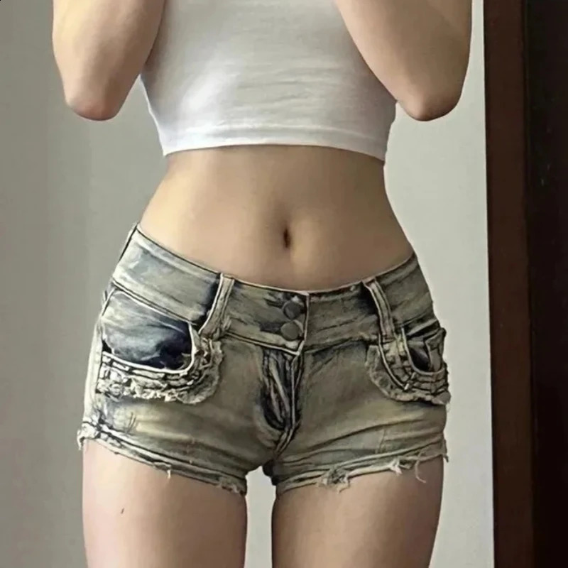 Skinny Denim Shorts Women High Street Y2k Clothes Low-Rise Trousers Sexy Vintage sweet European Fashion Hip-wrapped Summer 250409
