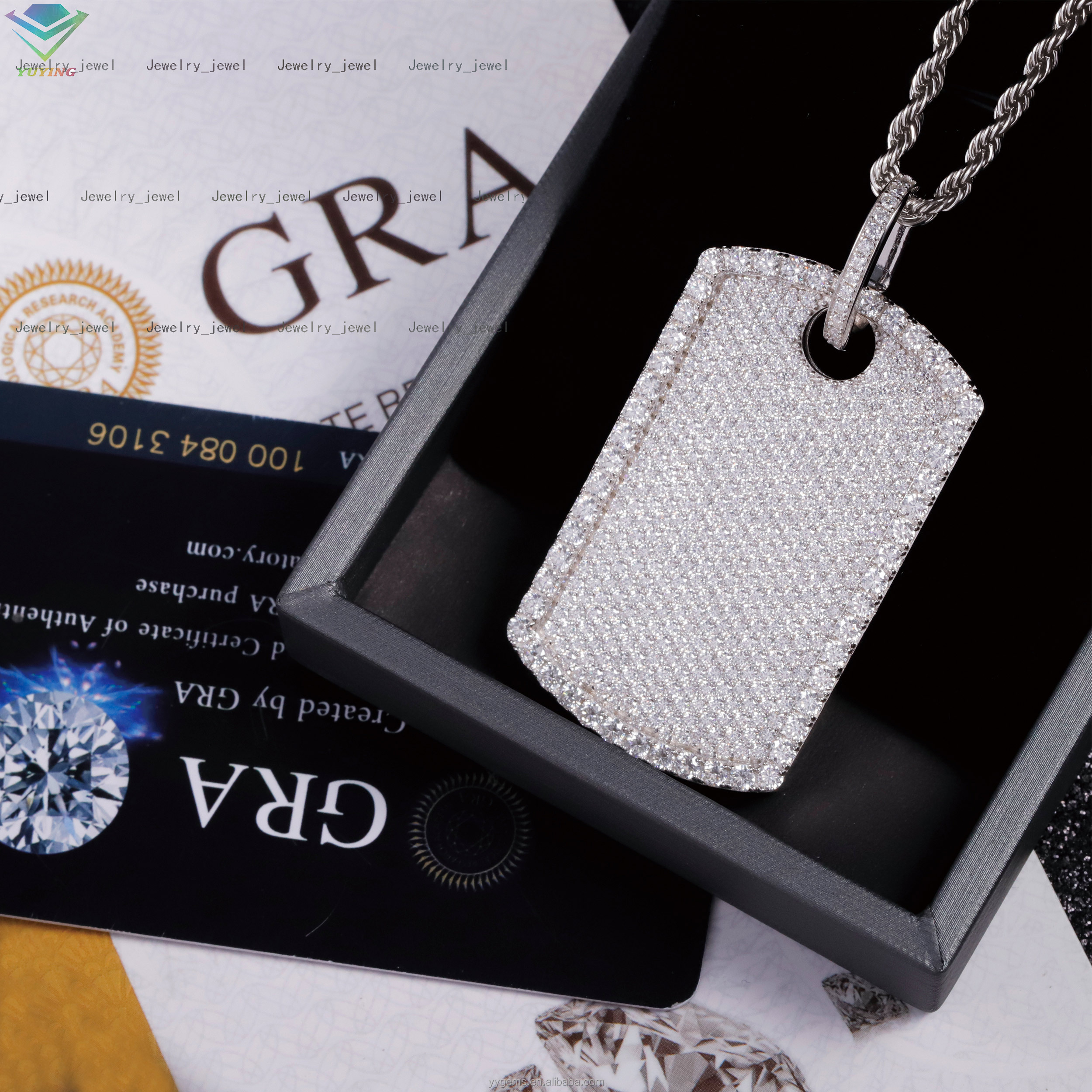 Full Iced Out Moissanite Diamonds Tag Pendant Rope Chain White Gold Plated 925 Silver Hip Hop Pendant Dog Tag Necklace Jewelry