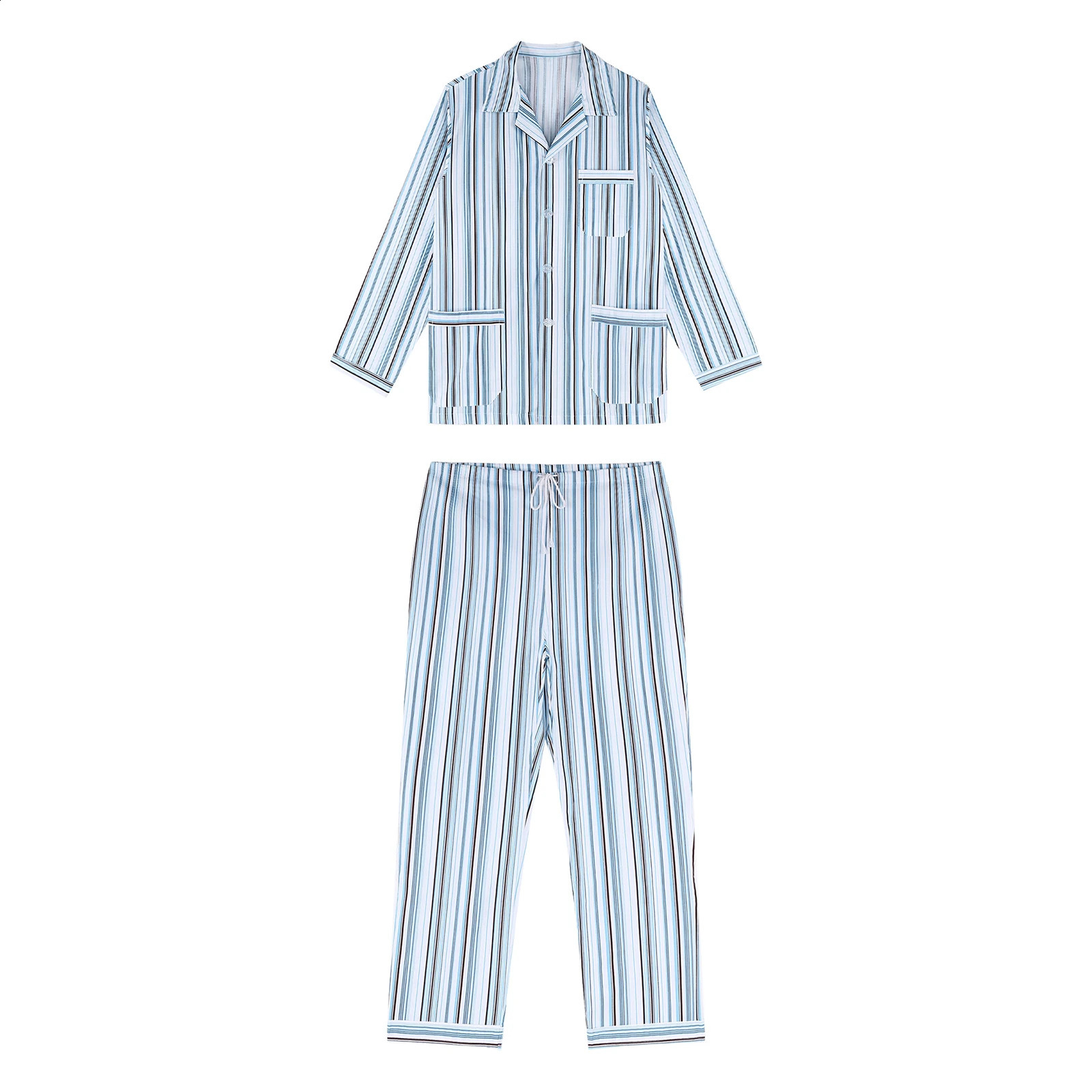 Mens cotton soft striped pajama set casual wear long sleeved button down sweater and pants set 250411