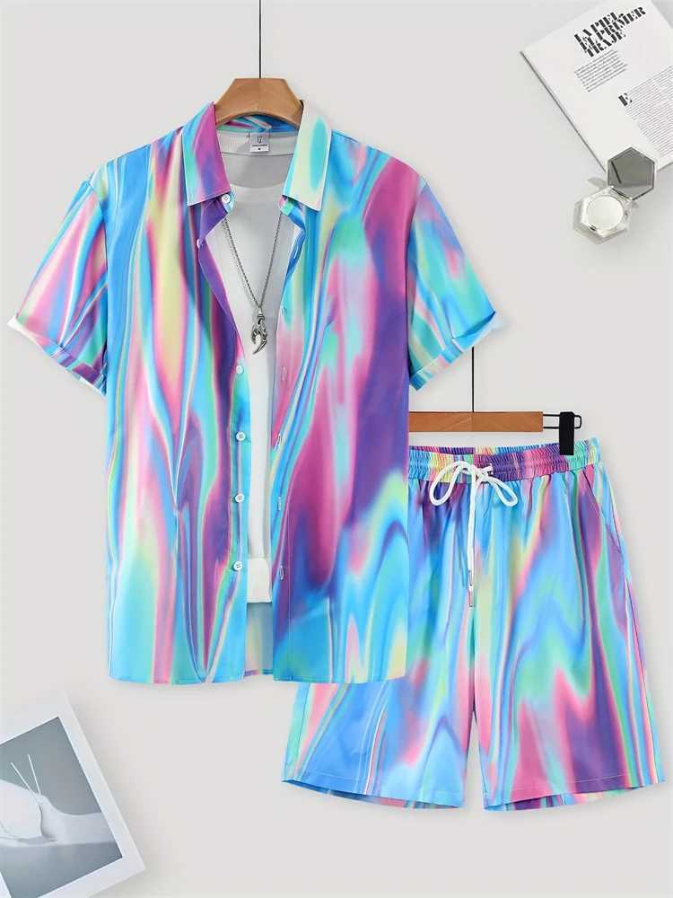 Color printed summer mens casual shirt and shorts set city street fashion short sleeved outdoor beach mens shortsXJ250412