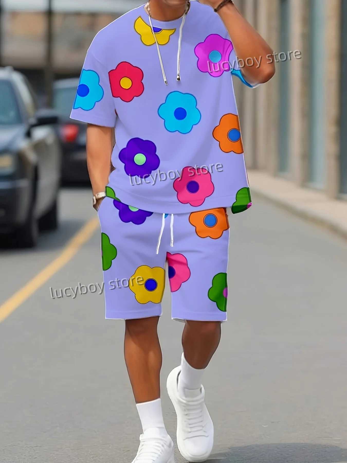 Colorful floral printed sports T-shirt+shorts set for mens luxury track and field wear summer oversized 2-piece set for mens clothingXJ250412