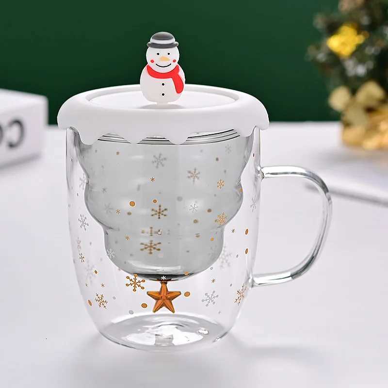Christmas 300ml Christmas Theme Pink Green Blue Grey Double Wall Glass Cup with Silicone Lid Snow Man Christmas Tree Santa Decor 1 Piece Y251112