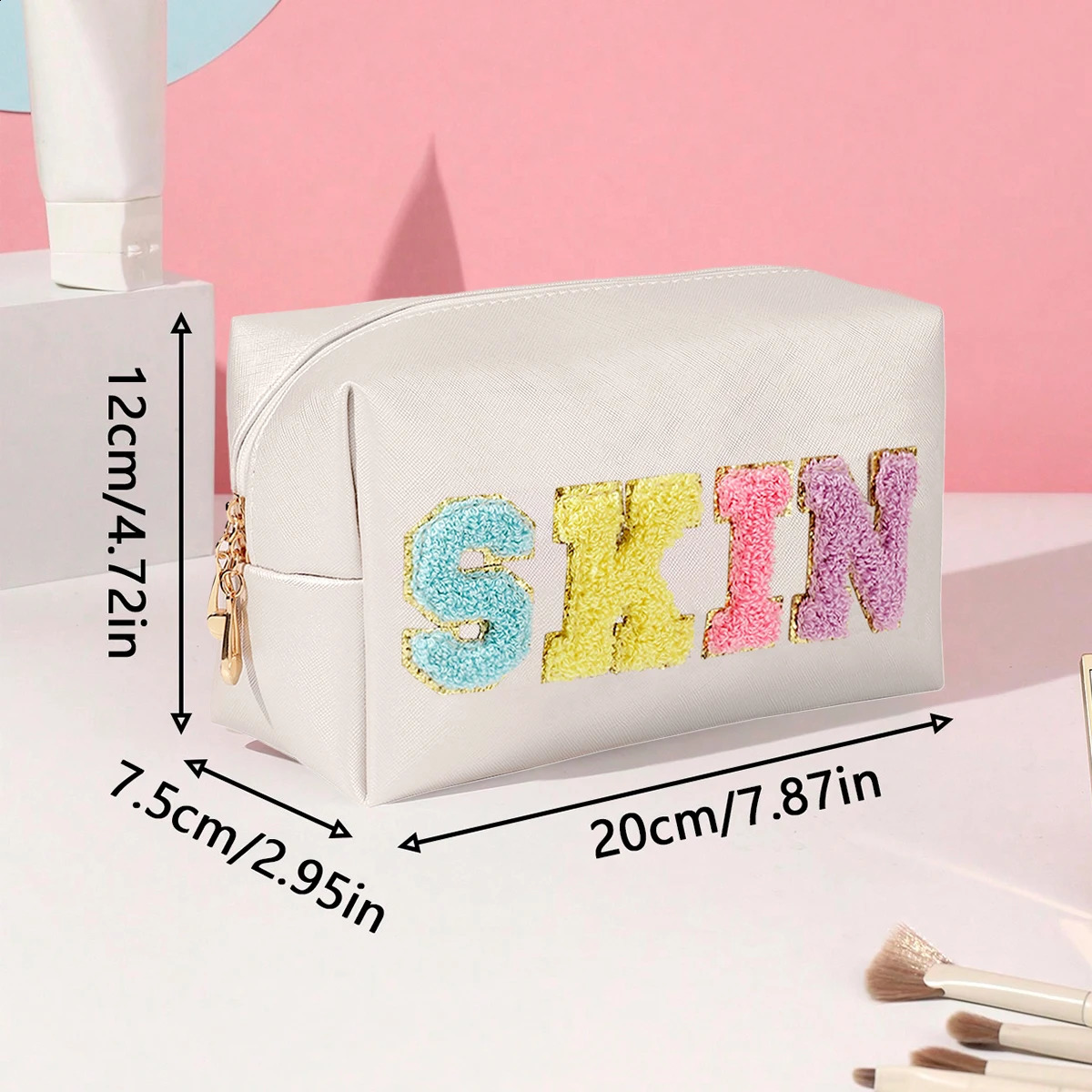 Chenille Letter Cosmetic Bag PU Leather Waterproof Pouch Cute Zipper Organizer Skin Hair Face and Glam.-zmt 250407