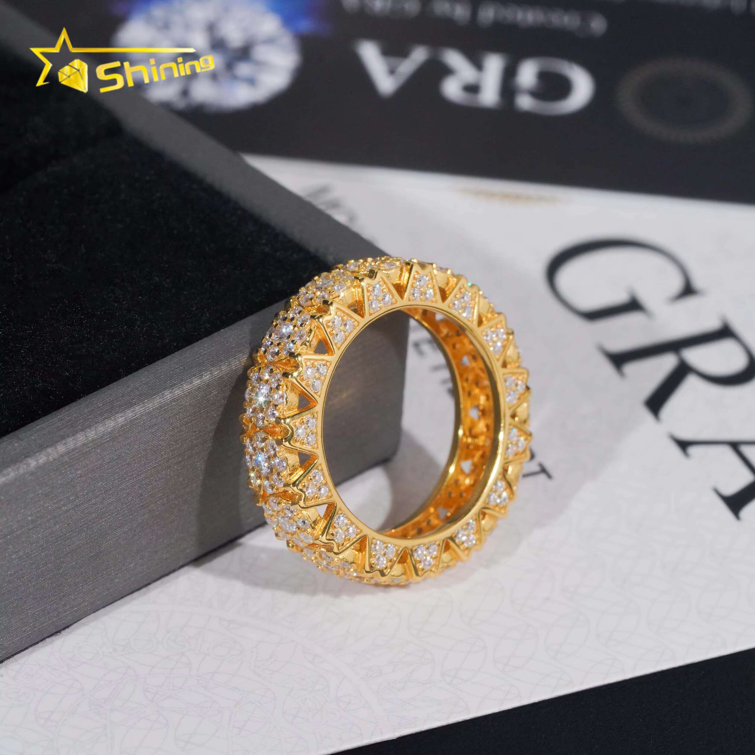 New Design Flower Setting 925 Sterling Silver Gold Plated Iced Out Moissnaite Pass Diamond Tester Hip Hop Mens Rings