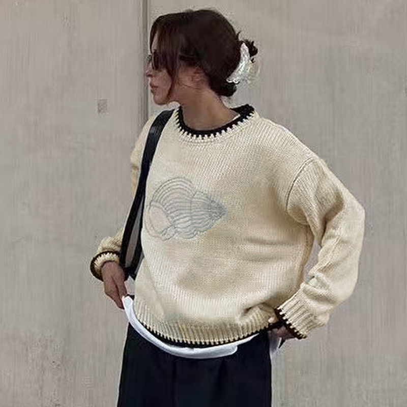 Women's color clashing texture embroidery pattern pullover sweater round neck long sleeve clashing fall and winter fashion top hot women's c