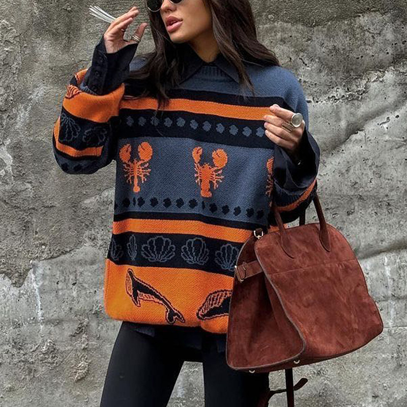 Fall outfits women Women's contrasting color pullover sweater round neck long sleeve autumn and winter casual style street style---NBL141