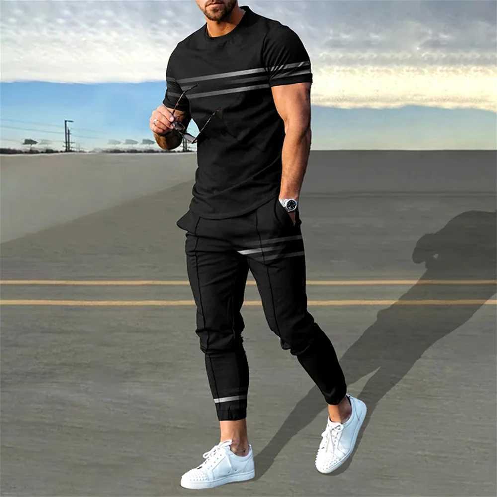 Mens sportswear set 2-piece short sleeved T-shirt+sweatpants set mens streetwear retro sportswearXJ250412