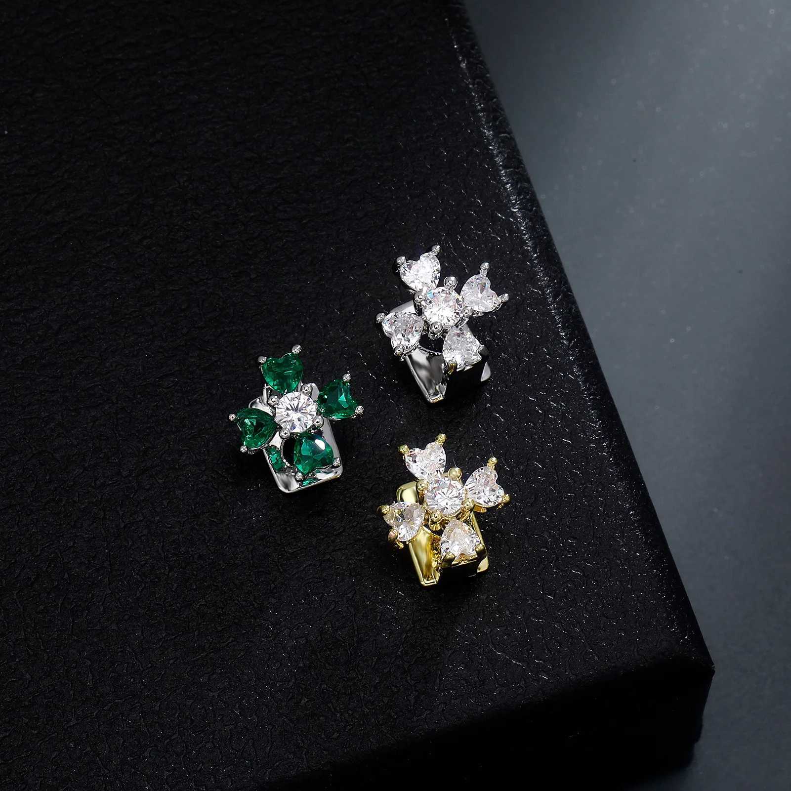 TOPGRILLZ Single/Double Hollow Zirconia Grilz 14K Gold Plated CZ Stone Green Flower Design Womens Jewelry Tooth Cap W250412