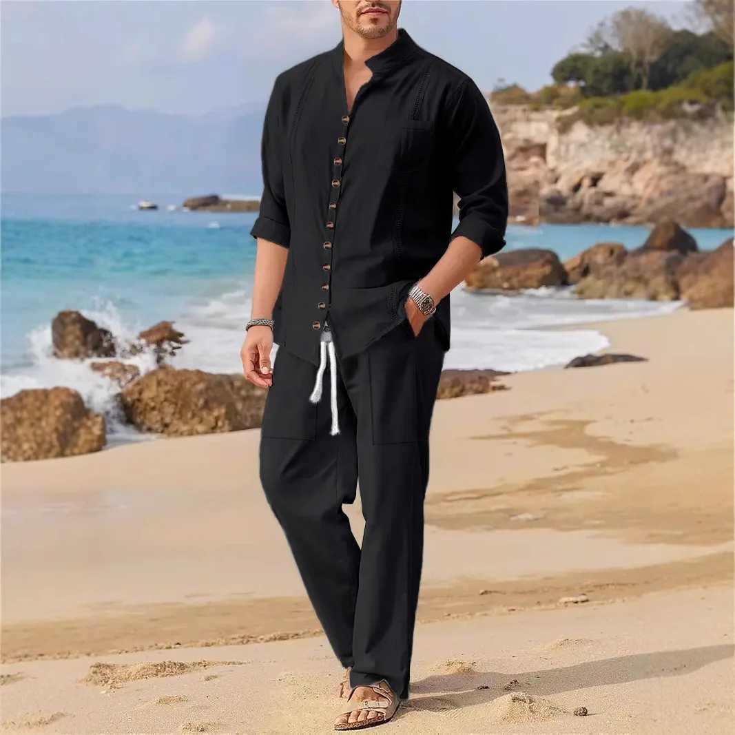 2025 Spring/Summer New European and American Mens 100% Cotton Casual Loose Long Sleeve Mens Beach SetXJ250412