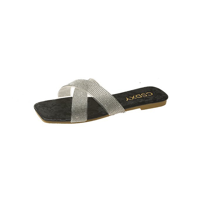 Women 2025 summer cross with diamond sandals lazy people wear new Chinese big size square head beach shoes