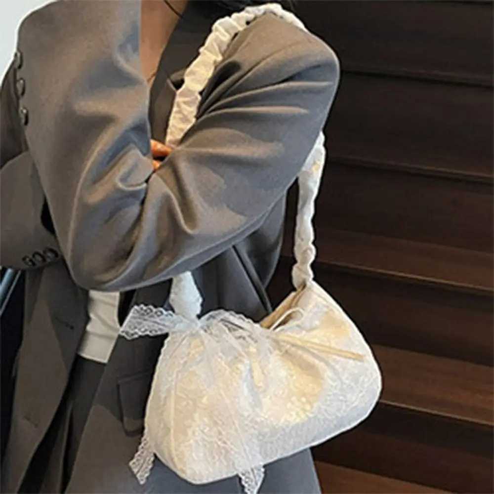 Storage Bag Tote Bag Lace Shoulder Bag Pleated Strap With Ribbon Simple Canvas Handbag Simple Cloth Large Capacity Bag CoupleT2511112