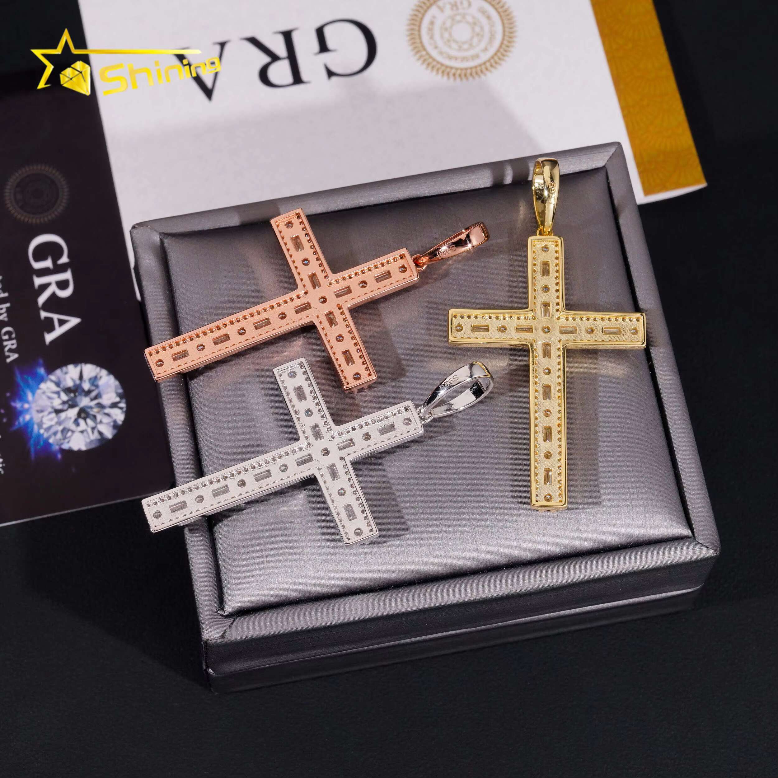 Hot Sale Baguette Moissanite Cross Pendant 925 Sterling Silver Gold Plated Pass Diamond Tester GRA Moissanite Charms Necklace