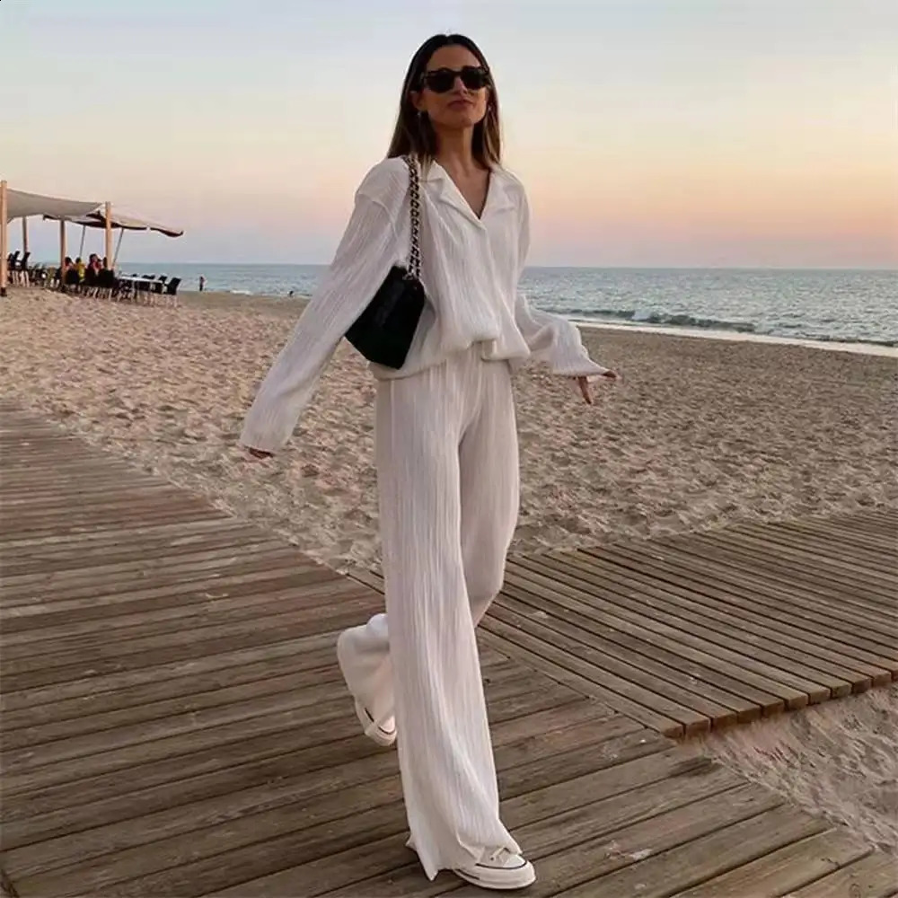 Womens Tracksuit Two Piece Sets Loose Long Sleeve Shirt Tops and Wide Leg Pants Elegant Suits Summer Casual Female Outfits 250411