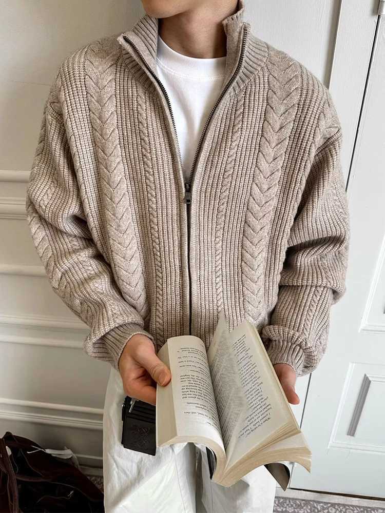 Vintage Textured Knit Outerwear Men Fall Winter Daily Casual Zipper Turtleneck Sweatercoats Mens Fashion Slim Knit CardigansXJ251112 - view 4