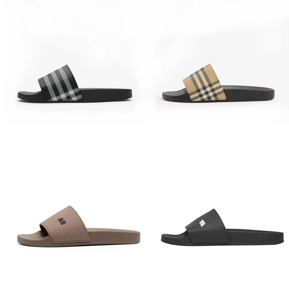 Designer Check Slides Vintage Printing Tartan Slippers Sliders Mens Furley Archive Summer Beige Print Embossed Logo Slide Dark Cerulean Blue Mangrove Size 35-46