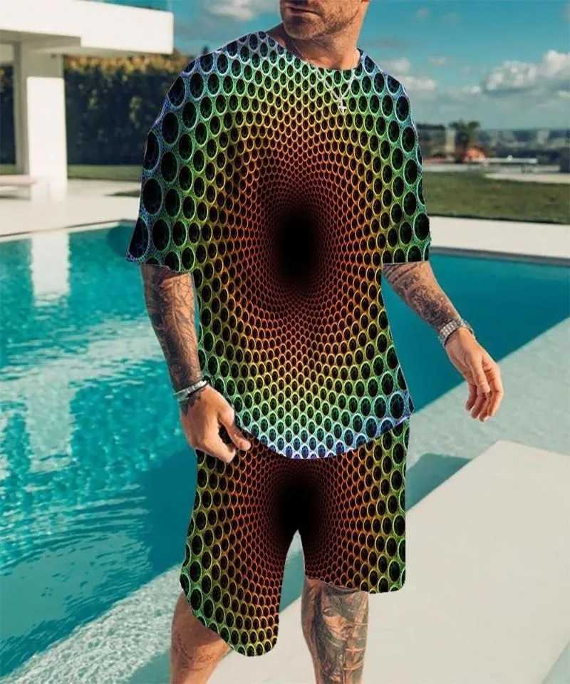 2024 new mens round neck T-shirt set with printed optical illusion pattern T-shirt two-piece set fashionable mens summer T-shirt setXJ250412