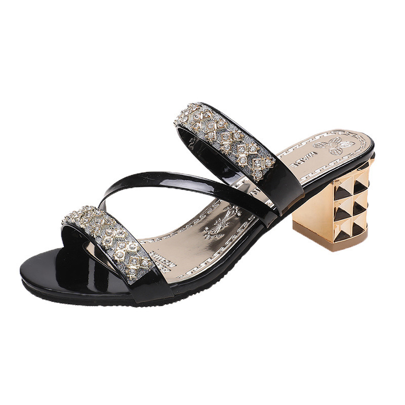 Large size one word summer new style rhinestone thick heel open toe Korean version cool slippers for fish mouth women's shoes