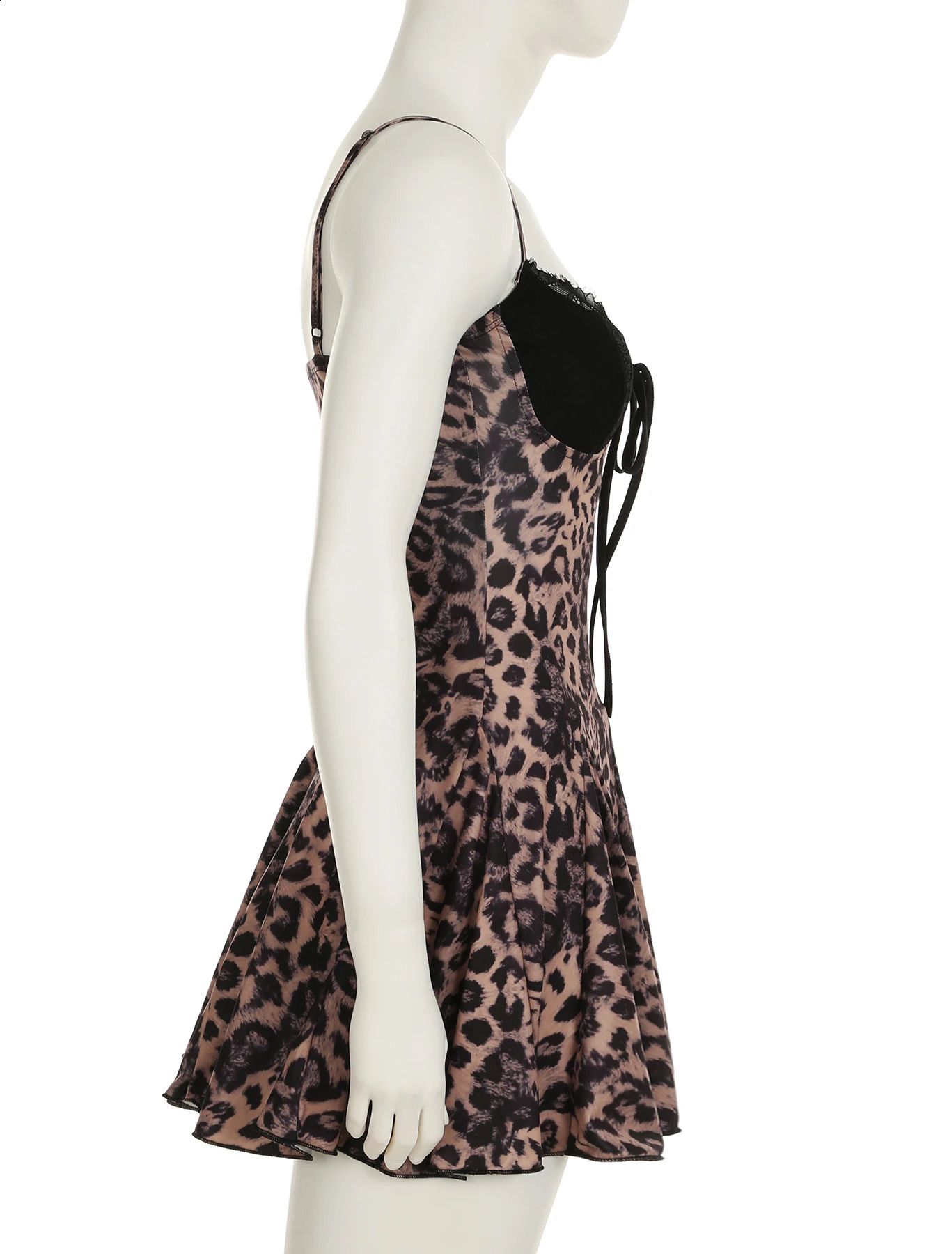 IAMSURE Holiday Patchwork Lace Leopard A-Line Dress Sexy Slim Slash Neck Sleeveless Mini Dresses For Women 2025 Summer Fashion 250411