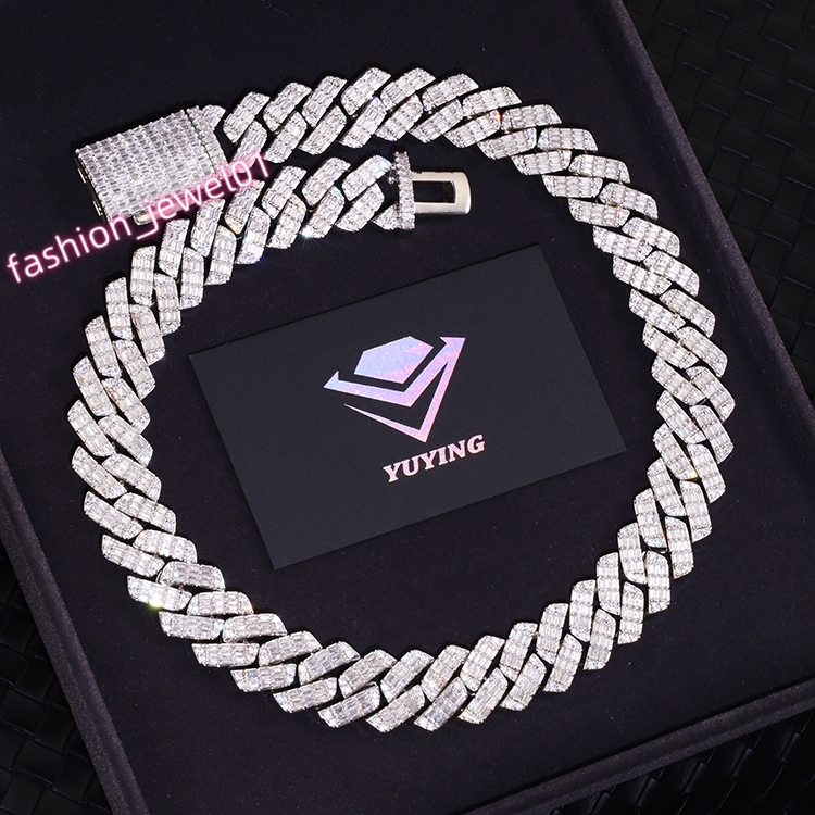 Heavy Silver Luxury Necklace 19mm Wide D Color VVS Moissanite Baguette Moissanite Diamond Cuban Link Chain