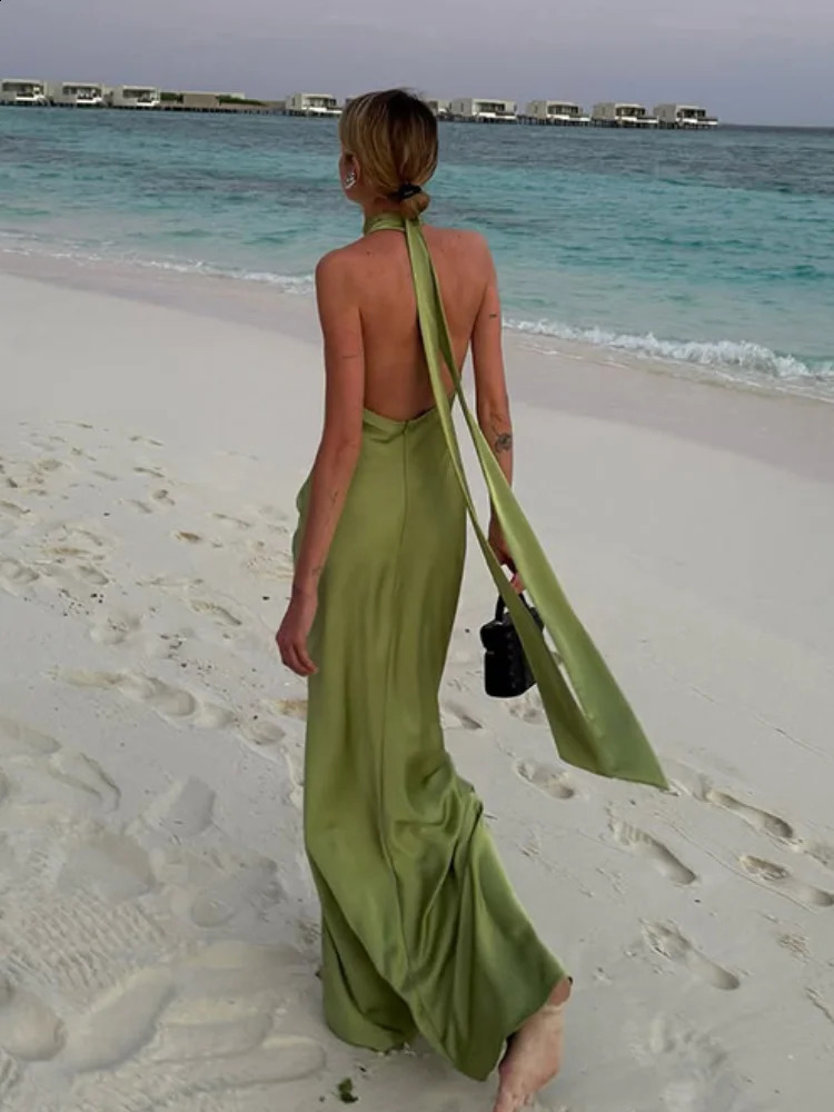 Elegant Green Satin Sleeveless Maxi Dress Chic Stand Neck Lace Up Backless Dresses Female Summer Vacation Beach Vestido 2025 250409