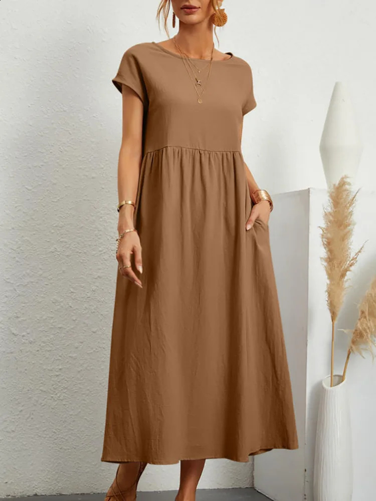 Women Vintage Solid Dress Summer Elegant O Neck Short Sleeve Cotton Linen Dresses Female Casual Loose Sundress Long Dress 250411