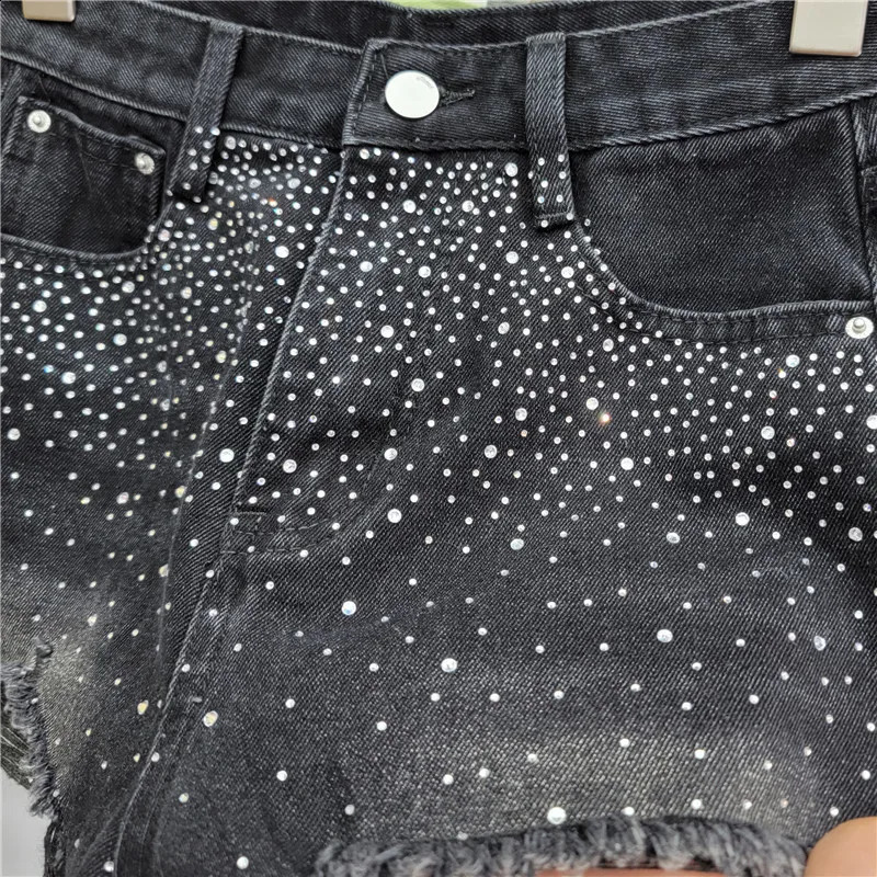 Fashion Diamond Hole Denim Shorts for Womens 2025 Summer High Waisted Jean Booty Shorts Feminino 250411