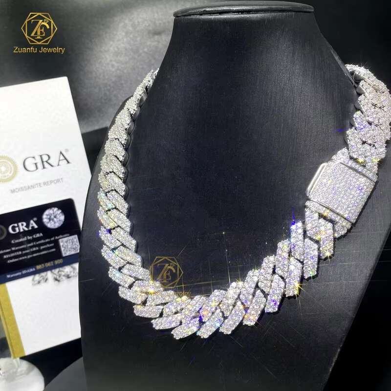 Cuban Link Necklace 18mm-20mm Wide with 3 Rows GRA D/VVS Moissanite for Men Silver Plated Cuban Iced Out Prong Cuban Link Chain